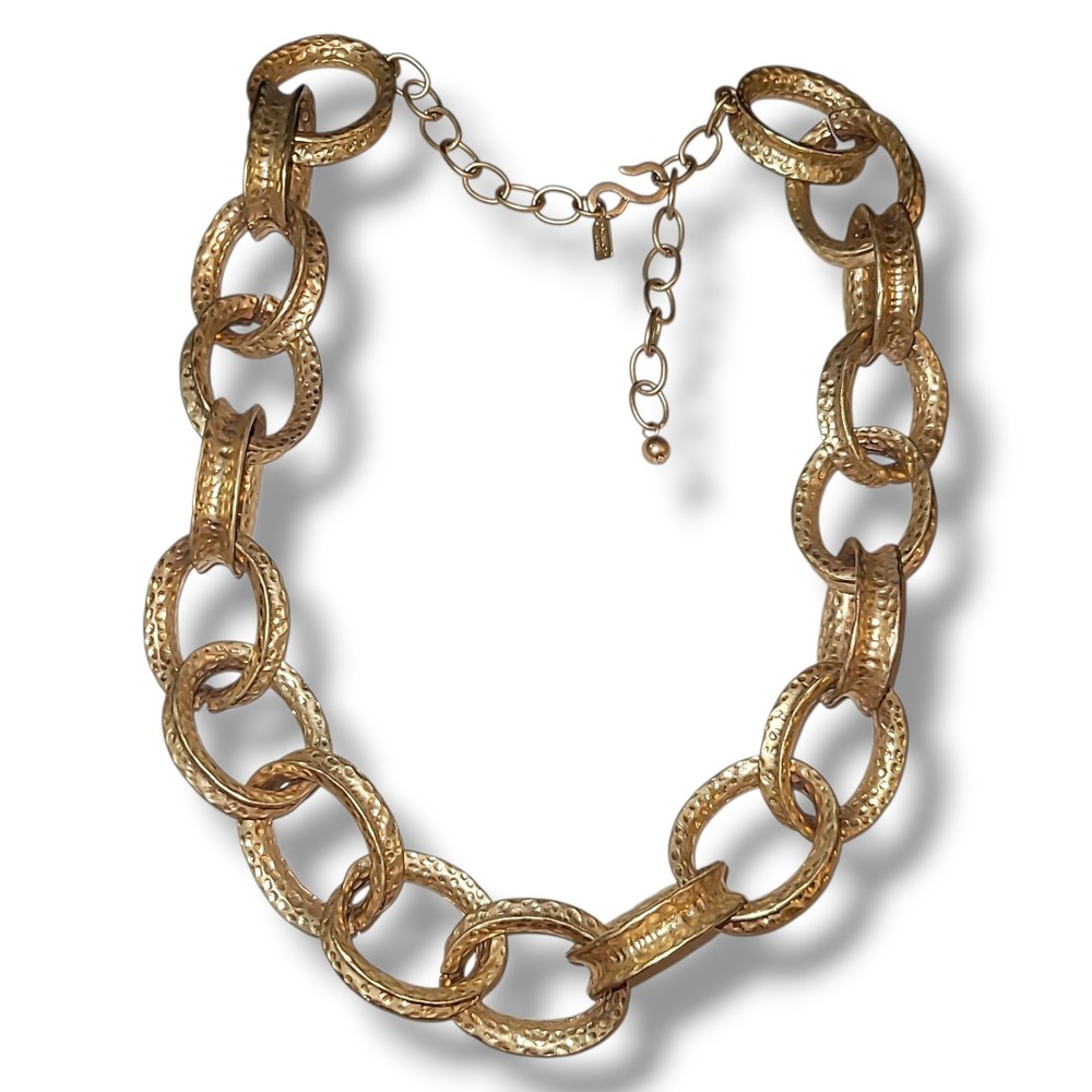 Vintage Kenneth Jay Lane Chunky Gold Tone‎ Chain Necklace Hammered Links